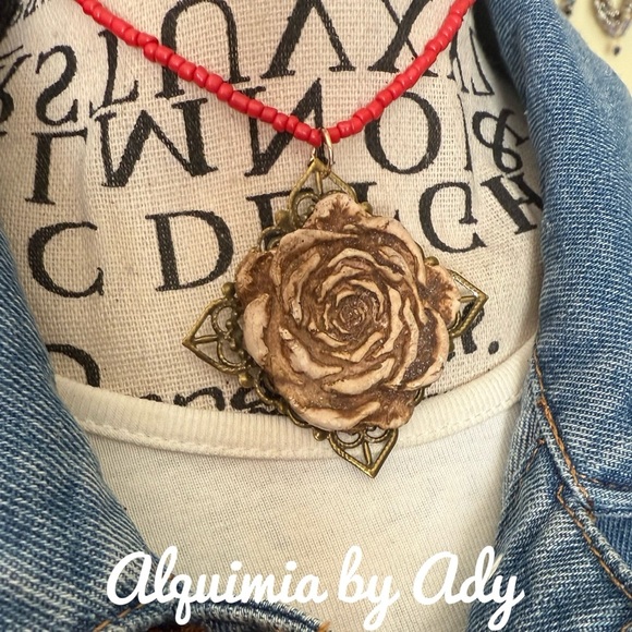 Rose Pendant Necklace with Red Beaded Chain - Picture 2 of 2